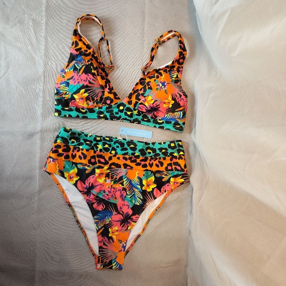 Live Life On The Beach Bikini Large Colorful Floral Tropical Animal Print NEW